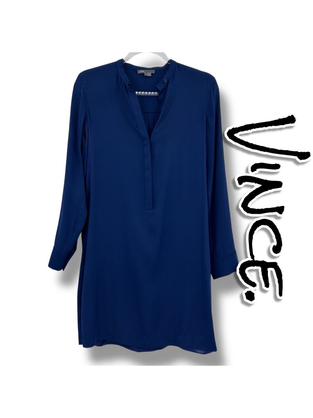Vince Navy Blue Silk Popover Shirt Dress Long Sleeve Quiet Luxury Womens Size 2